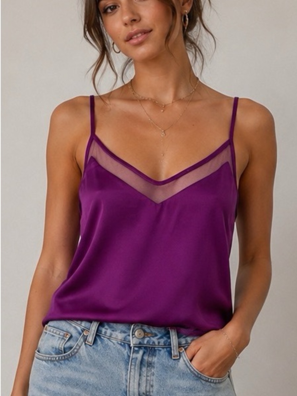 Bebe‎ Purple Satin Mesh Cami Top Size 6 Y2K Sexy Clubwear Slip Tank Party Going